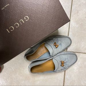 Gucci bamboo tassel light blue suede loafers